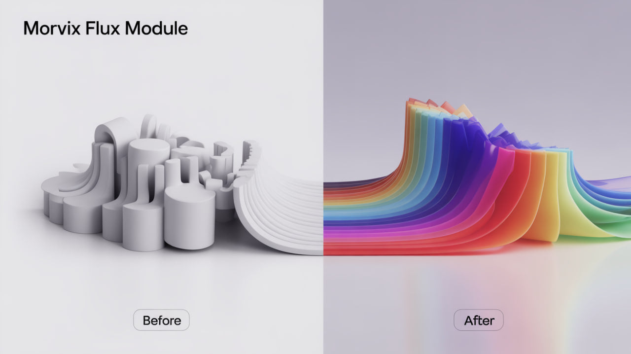 Comparison of a Morvix Flux Module before and after transformation into a colorful, wavy design.
