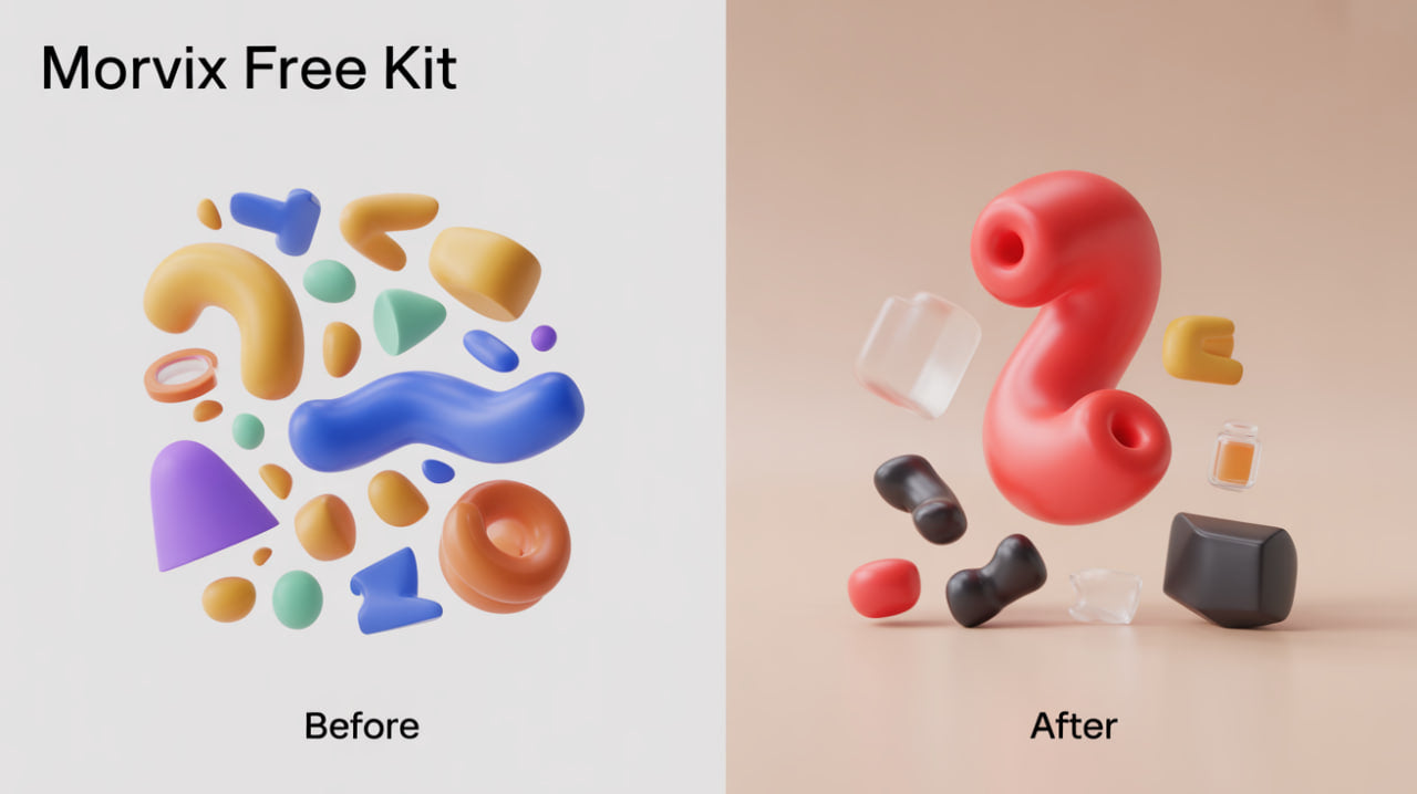 Comparison of abstract shapes labeled 'Before' and 'After' with Morvix Free Kit branding.