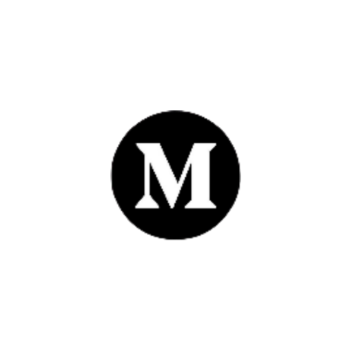 Black circle with a white 'M' in the center on a white background