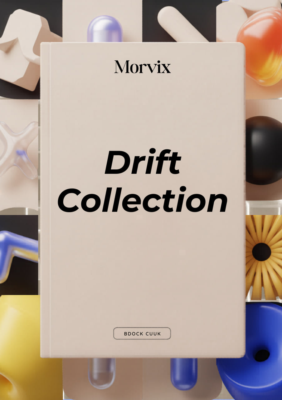 Book titled 'Drift Collection' by Morvix with colorful geometric objects in the background