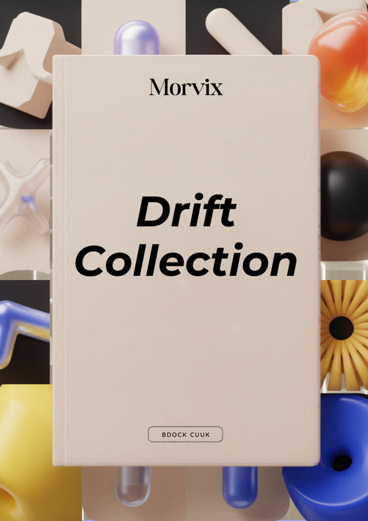 Book titled 'Drift Collection' by Morvix with colorful geometric objects in the background