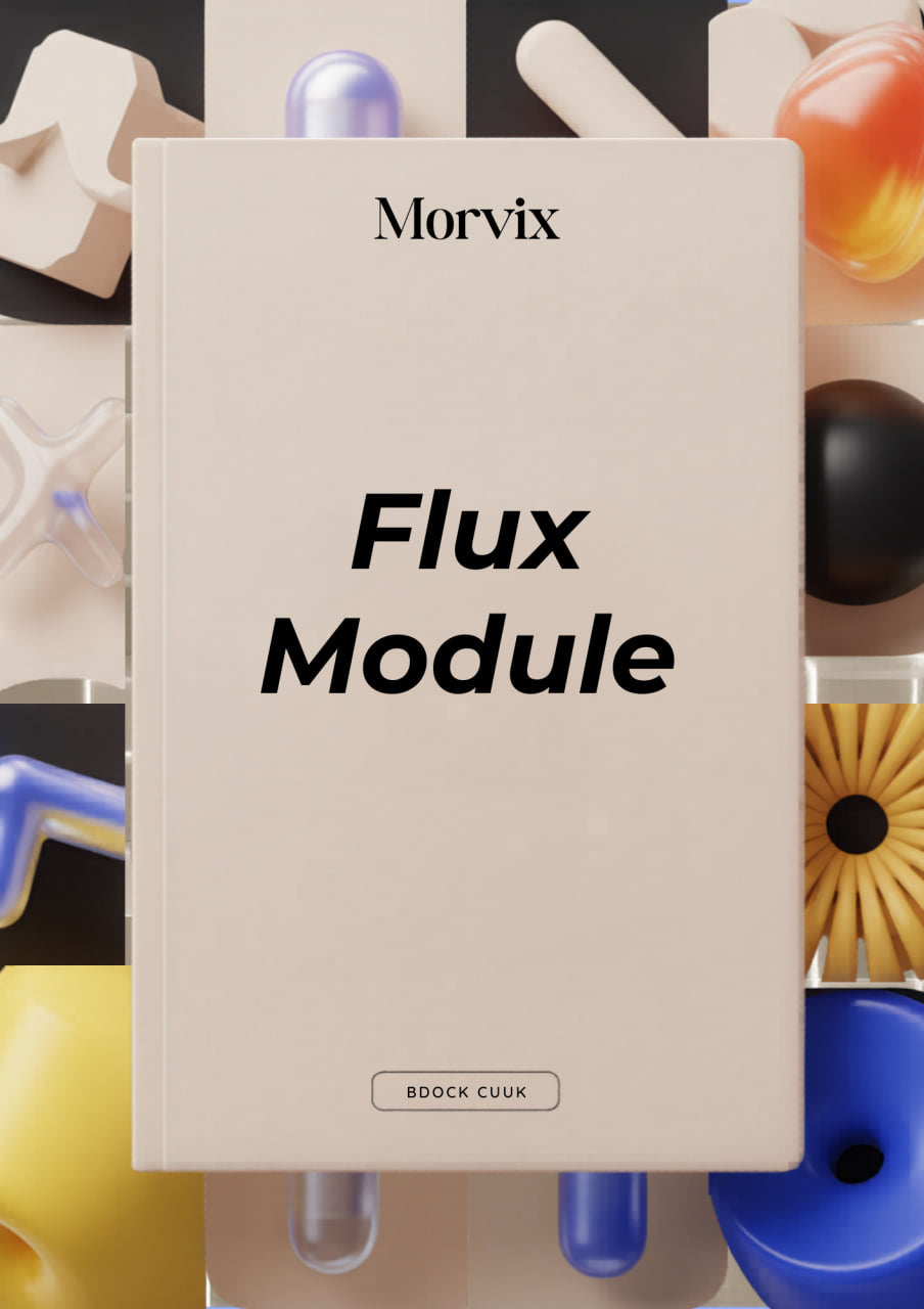 Beige book titled 'Flux Module' by Morvix with colorful geometric objects in the background