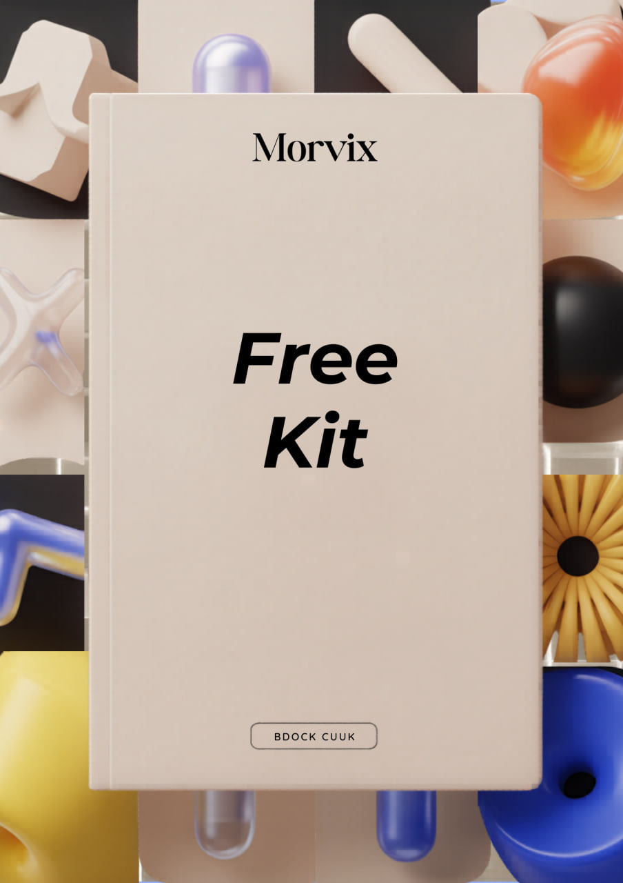 Beige book titled 'Free Kit' by Morvix with colorful geometric objects in the background.