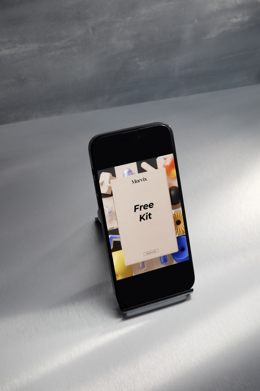 Smartphone displaying a product image on a stand with a neutral background