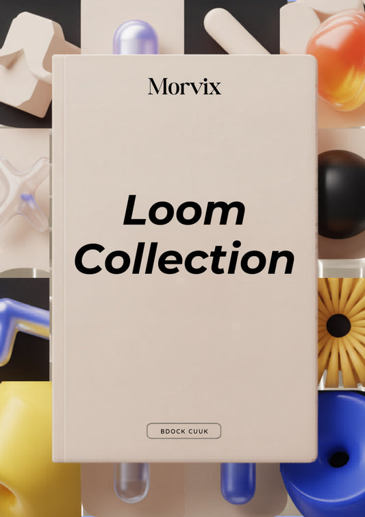 Book titled 'Loom Collection' by Morvix with colorful geometric objects in the background.