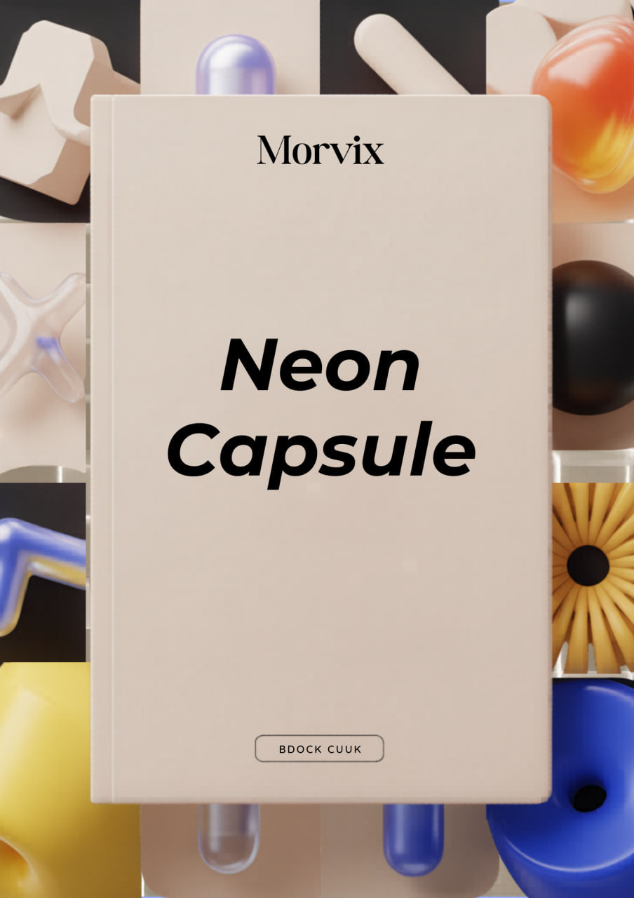 Book titled 'Neon Capsule' by Morvix with colorful objects in the background