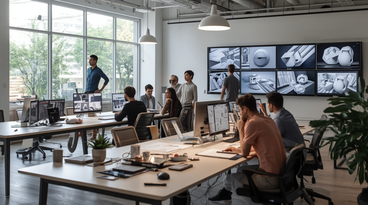 Modern office with employees working at desks and a large wall-mounted screen displaying various images.
