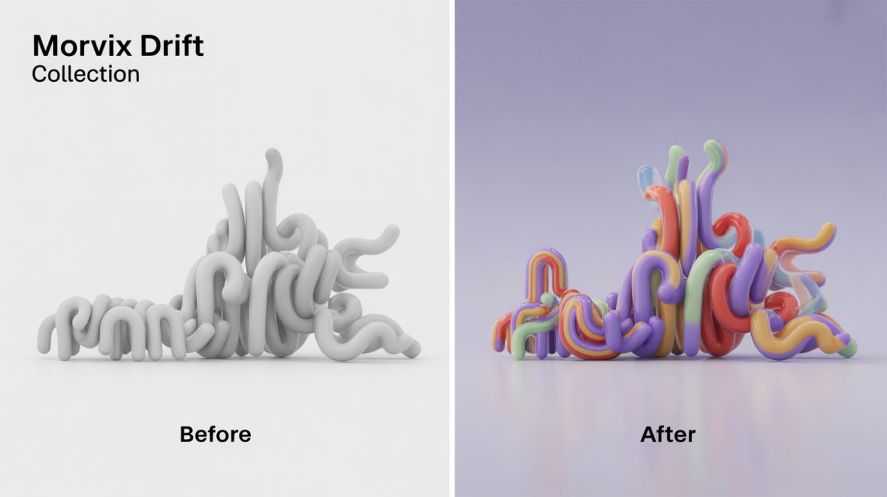 Comparison of a white sculpture labeled 'Before' and a colorful sculpture labeled 'After' from the Morvix Drift Collection.