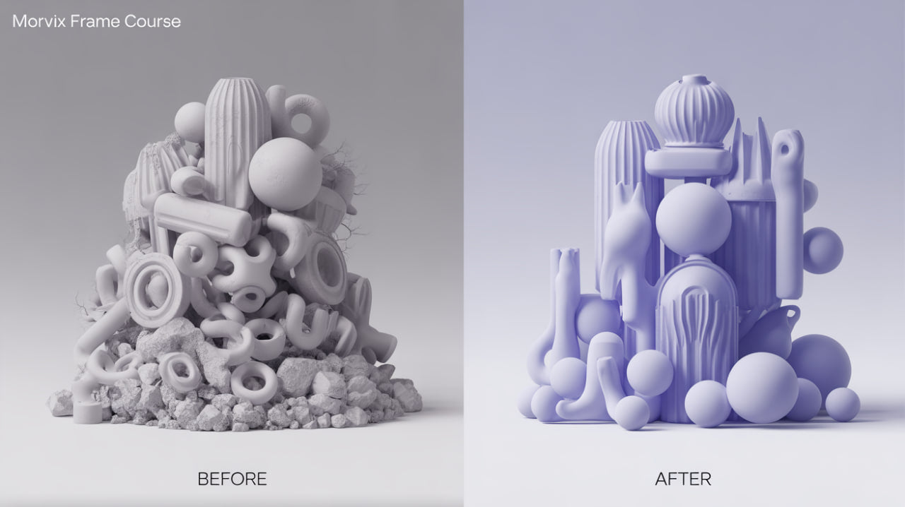 Before and after comparison of a sculpture with a color frame effect applied.