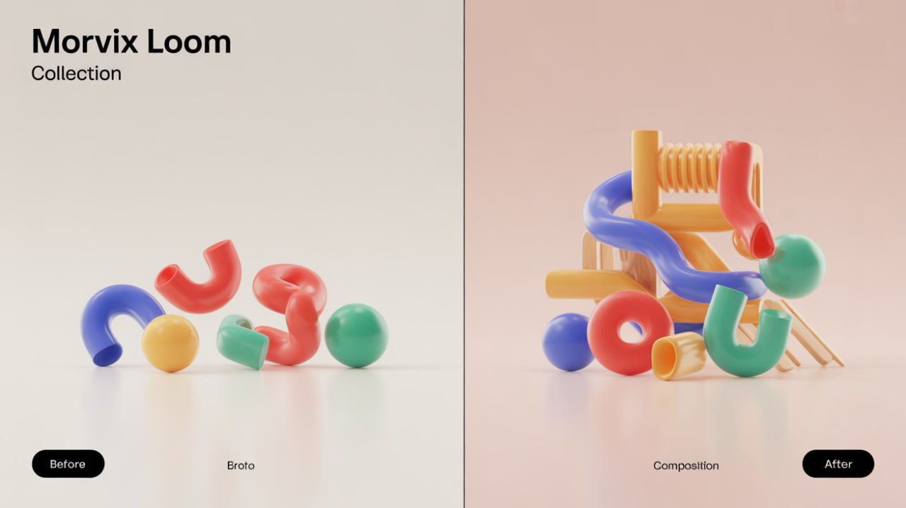 Before and after comparison of a colorful loom model with 'Morvix Loom Collection' text.