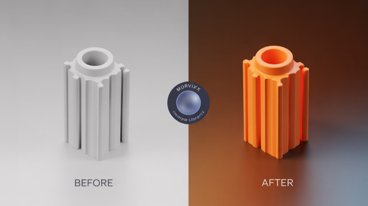 Comparison of a white cylindrical object labeled 'Before' and an orange cylindrical object labeled 'After' on a gradient background.