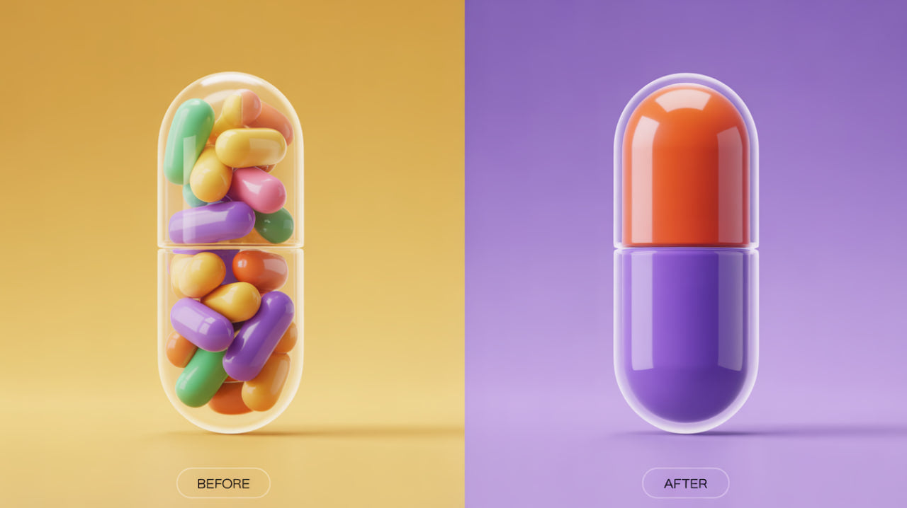 Before and after comparison of a capsule with colorful jelly beans on a yellow and purple background.
