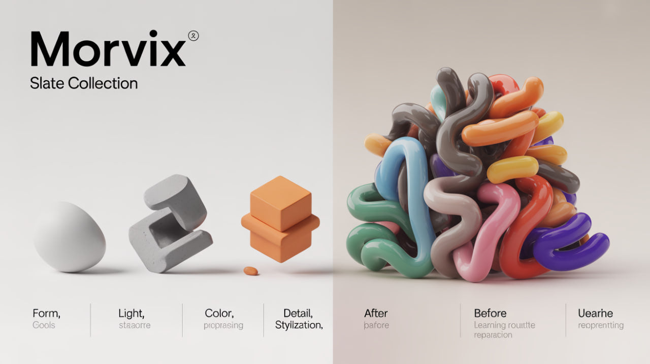 Morvix Slate Collection with 3D geometric shapes and colorful twisted forms.