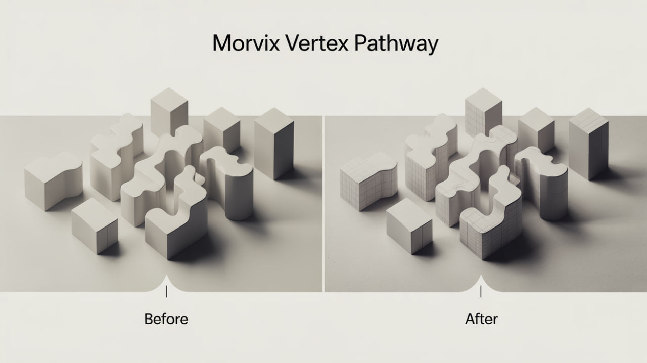 Before and after comparison of a geometric pathway model with 'Morvix Vertex Pathway' text.
