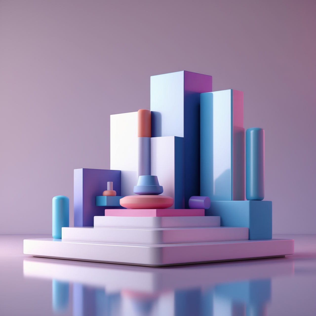 Colorful geometric shapes on a reflective surface with a gradient purple background