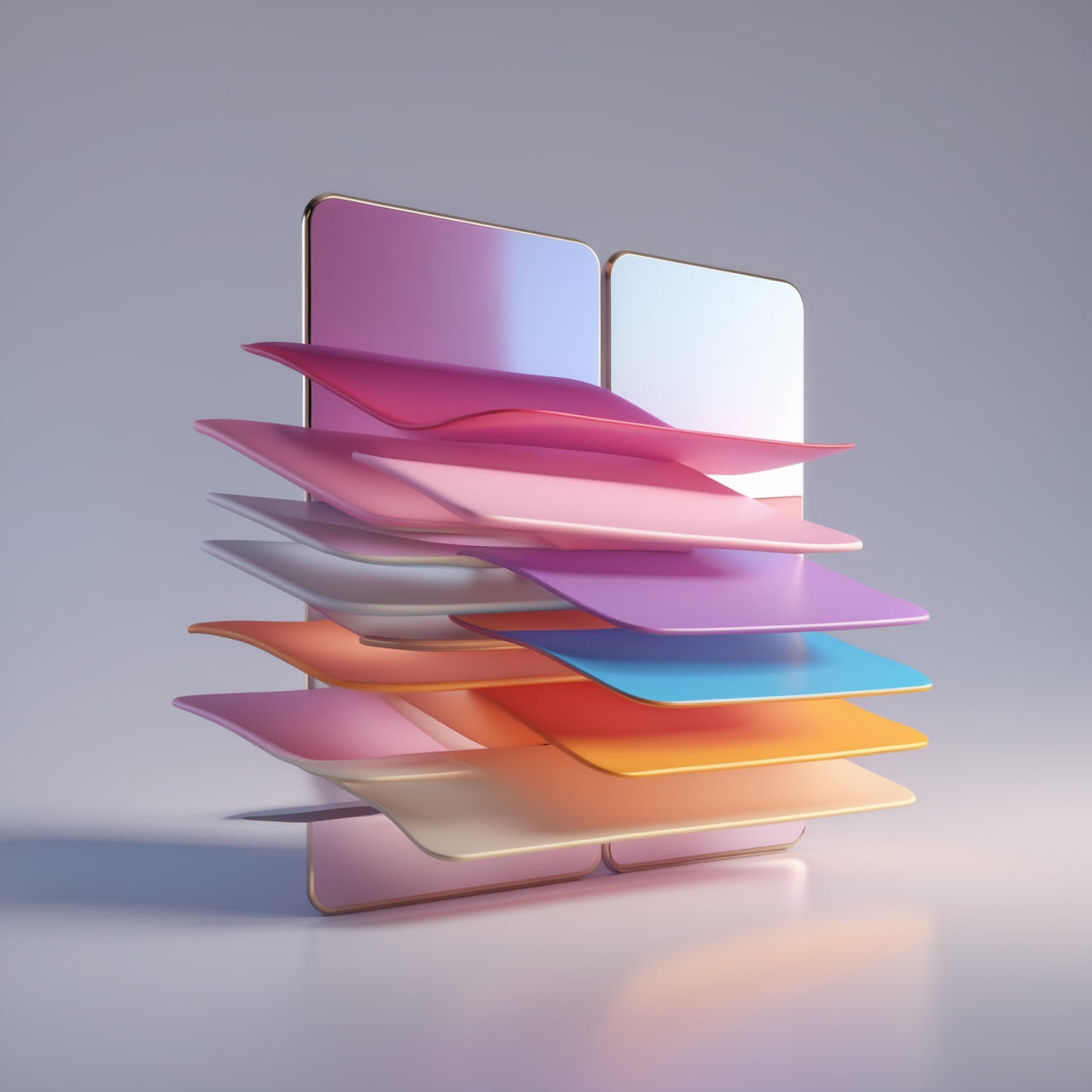 Stack of colorful, wavy shelves on a gradient background