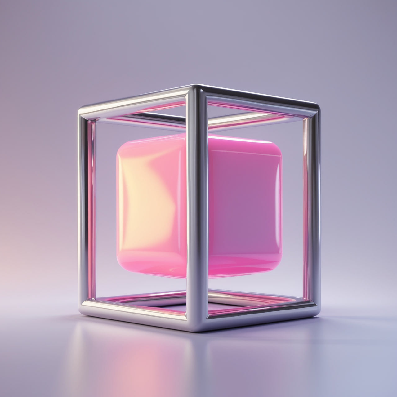Pink cube inside a metallic frame on a gradient background