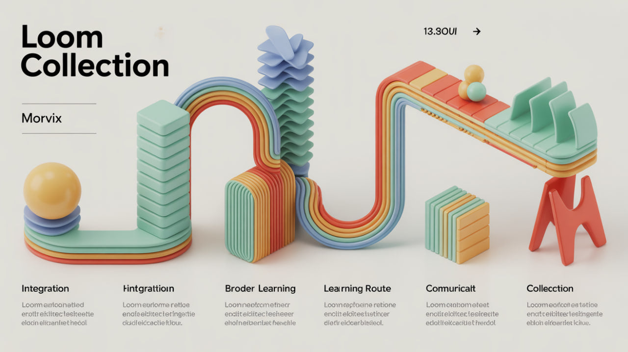 Colorful 3D letterforms spelling 'Loom' with a chair on a light gray background, featuring the Loom Collection by Morvix.