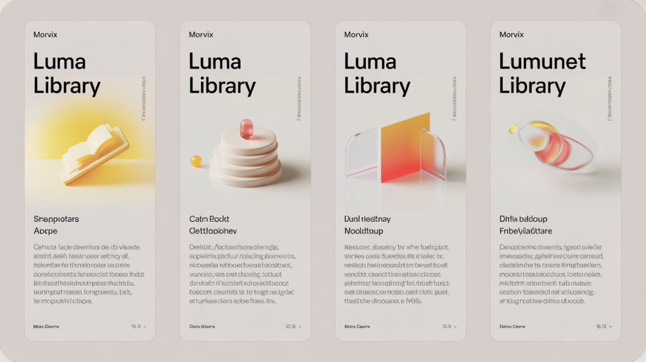 Four panels of the Luma Library with different design elements on a light gray background.