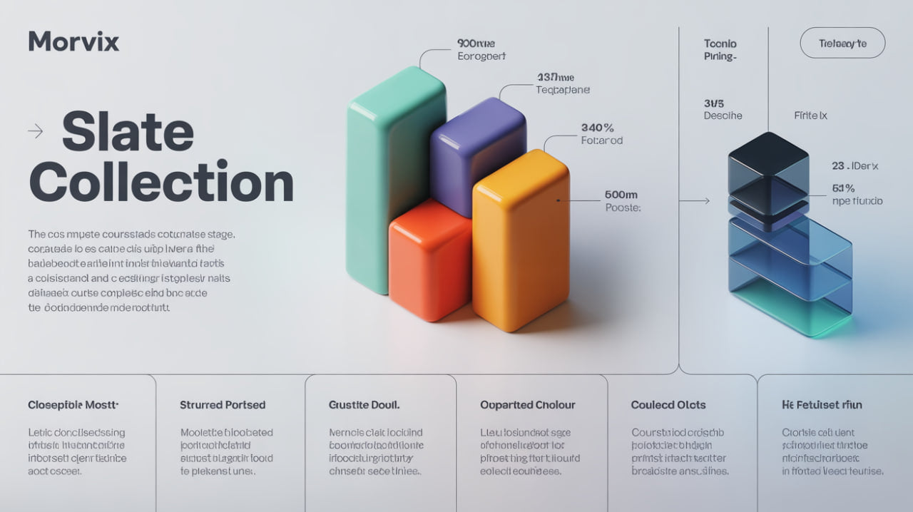 Colorful geometric shapes on a gray background with text and branding elements.